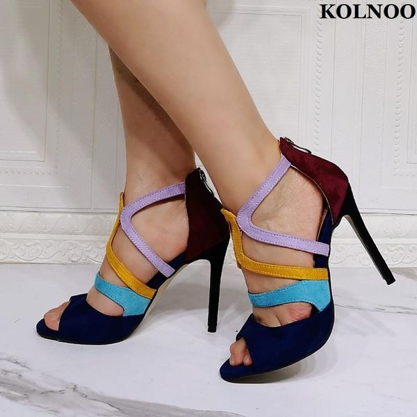 

sandals kolnoo summer handmade ladies high heel multicolored faux leather real pos peep-toe evening party fashion shoes, Black