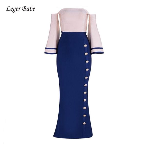 

casual dresses in stock arrival flare sleeve strapless button elegant noble celebrity evening party spring women bodycon bandage dress club, Black;gray