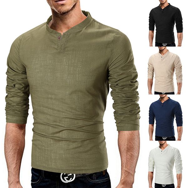 

utumn european size winter 2019 new fashion solid color stand collar cotton hemp long sleeve t-shirt men's base shirt, White;black