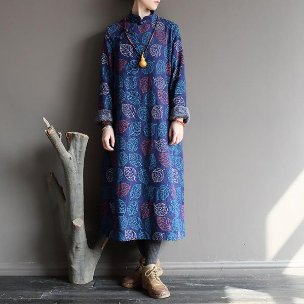 

casual dresses nini wonderland winter velvet warm dress 2021 women thicken cotton stand collar vintage jacquard robe big size, Black;gray