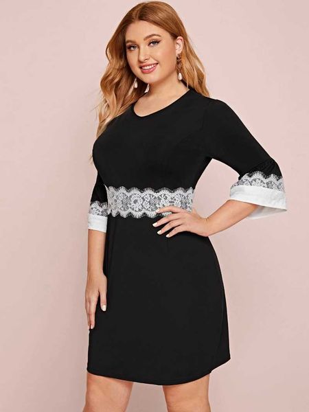 

casual dresses womens plus size lace patchwork party dress quarters sleeve black and white spring autumn knee length knit elegant sheath, Black;gray