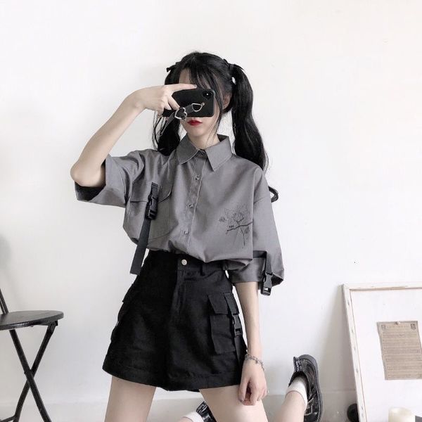 

women's tracksuits [two piece set] loose short sleeve t-shirt with polo collar + wide leg jumpsuit, bf women's summer suit, punk s, Gray