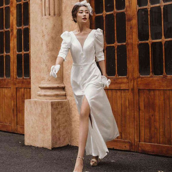 

luxury party evening dress french light simple travel shooting v-neck super fairy small tail slim 2021 bride white, Black