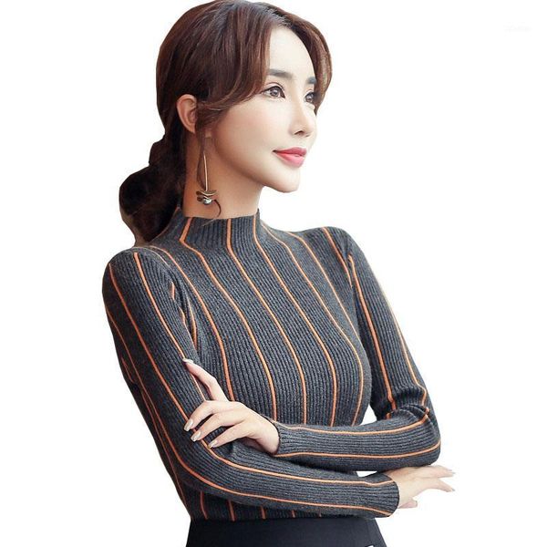 

striped turtleneck pullover women 2021 winter thick sweater red korean ladies office knitted black pull femme ok438 women's sweaters, White;black