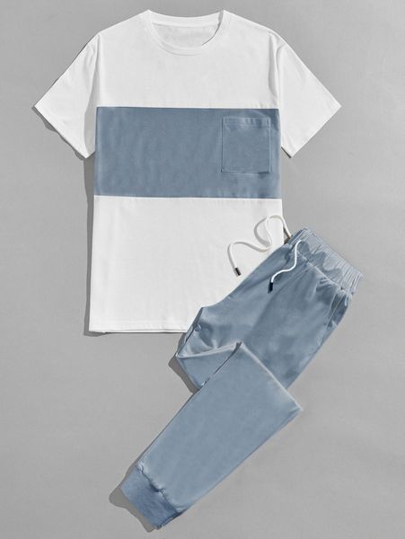 

men contrast panel pocket front tee & drawstring waist sweatpants n63y#, Gray