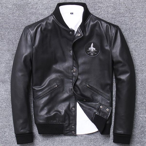 

men's leather & faux sheep skin genuine clothing male 2021 autumn self-cultivation day handsome tide exquisite jacket stand goatskin, Black