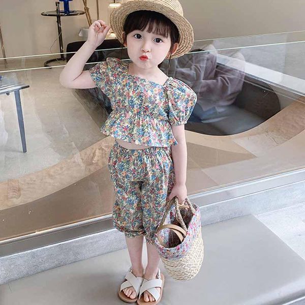 

clothing sets girls summer suit 2021 children's korean version of the virgin baby kids bubble sleeve floral two-piece set, White