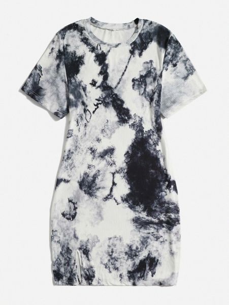 

plus 1pc tie dye split hem dress 60z6#, Black