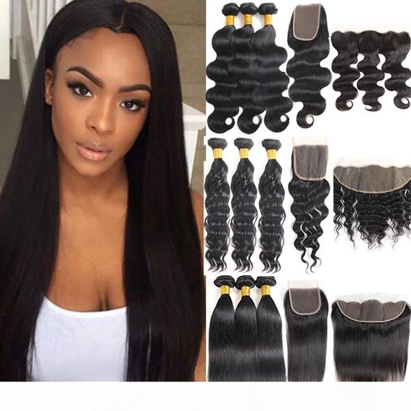 

brazilian virgin hair extensions water deep body wave 3 bundles with closures straight ear to ear lace frontal with bundles brazilian hair, Black;brown