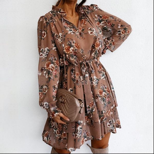 

women autumn v neck ruffles floral print dress long puff sleeve casual drawstring sashes dress for female a line party vestidos, Black;gray