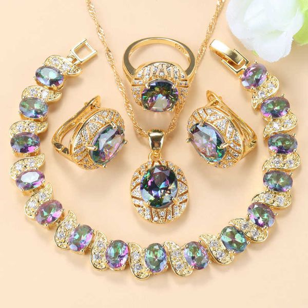 2021 nuovo arrivo set di gioielli per fedi nuziali color oro arcobaleno pietra braccialetto di fascino set di collana accessori per donne africane H1022