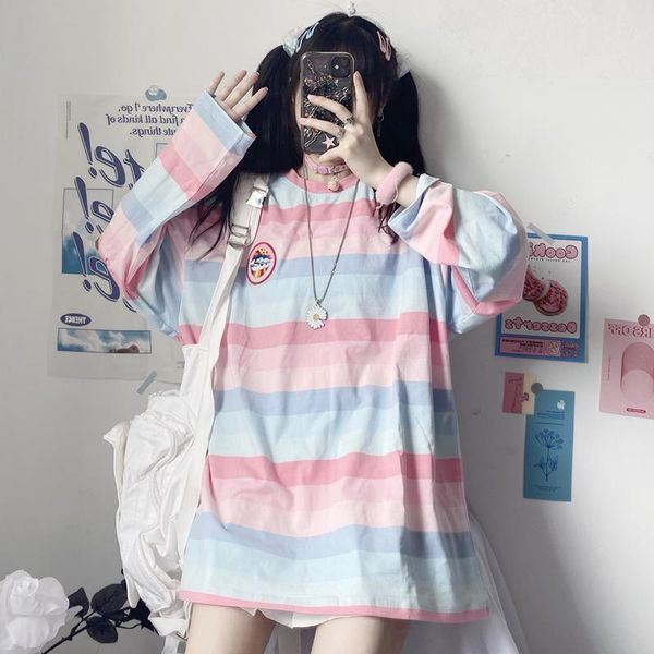

women's t-shirt o-neck striped long sleeve t-shirts causal loose ladies small fresh tees 2021 fashion clothing spring autumn, White
