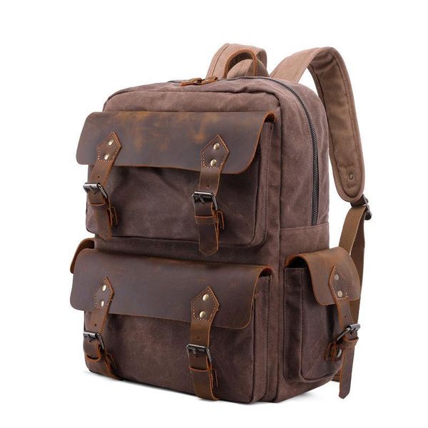 

backpack travel retro oil wax canvas men's crazy horse leather bag waterproof outdoor