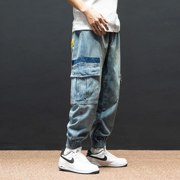

2021 New Fashion Streetwear Embroidery Designer Big Pocket Denim Pants Homme Japanese Hip Hop Men BVMQ, Blue