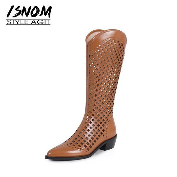 

sandals isnom women boots genuine leather chunky heels hollow pointed toe zip up shoes female cozy summer, Black