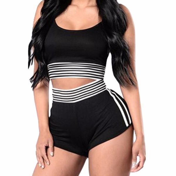 

2021 women's fashion striped sport active tank shorts 2 piece female set tracksuit sports suit jogging femme black grey, Gray