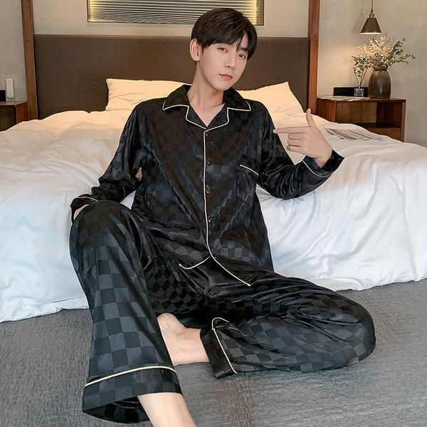 

men's sleepwear autumn trousers pajamas suit plaid silk home clothes two-piece for men luxury sleep 2021, Black;brown