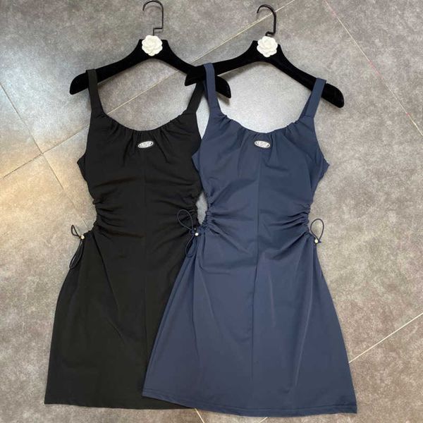 

fabpop summer design sleeveless o neck high waist drawstring hollow out short mini dress women gb253 210709, Black;gray