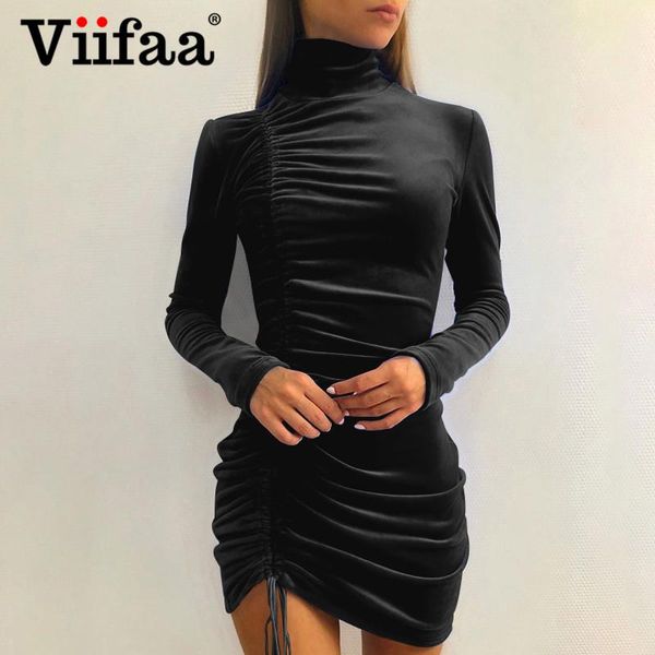 

viifaa high neck bodycon elegant drawstring winter velvet dress women 2021 long sleeve fall clothes ladies short dresses, Black;gray