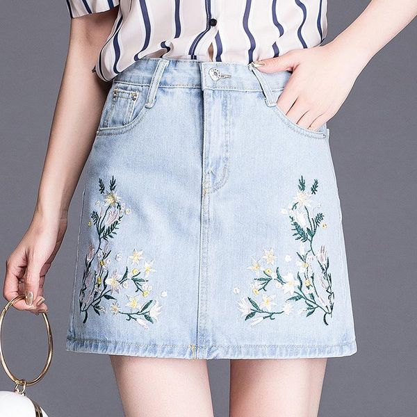 

skirts 2021 summer arrival blue high waist slimming wild stretch plus size casual embroidery women a-line denim skirt, Black