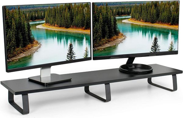 Supporto da tavolo extra lungo largo 39 pollici in legno nero, TV ergonomica, doppio monitor, laptop, supporto per tastiera e organizer da tavolo per scrivania (Stand-V000Dl)