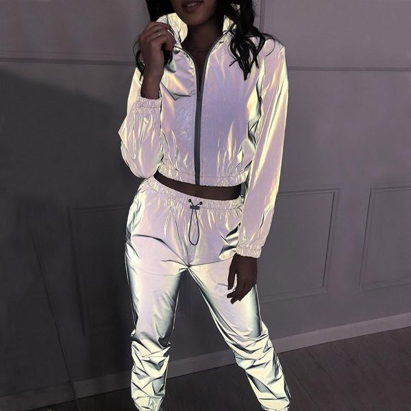 

women tracksuit 2 piece set hip hop reflective crop pants fashion female loose zipper jacket coat matching sets plus size e2, Gray