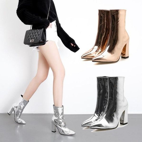 

boots high-heeled middle women's patent leather pointed thick, Black