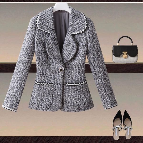 

women's wool & blends autumn black suit jacket lapel tweed designer elegant vintage fashion party workplace coat