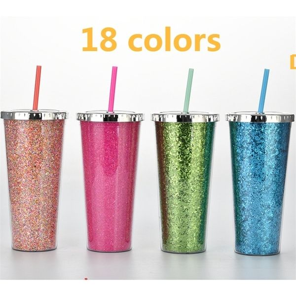 

24oz glitter plastic straw cup girls double layers straight sports water bottle with lid straw coffee milk mug coated candy colors h380wlj