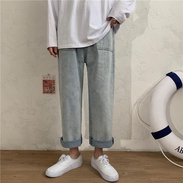 

men's jeans retro straight men korean fashion loose casual wide-leg pants harajuku streetwear wild hip-hop ankle-length, Blue