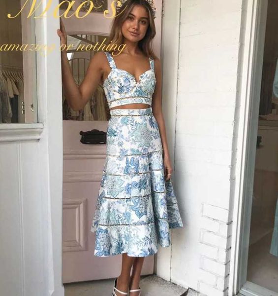 

two piece dress 2021 spring floral print embroidery 2 pcs women set + skrits high quality, White