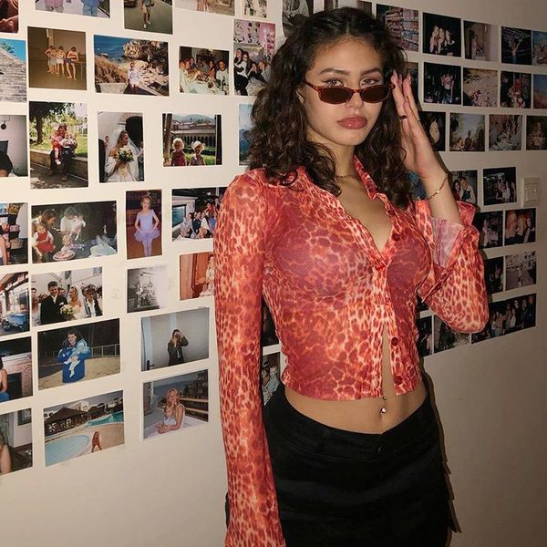 

women's t-shirt women stylish leopard print fashion long sleeve casual buttons ladies female, White