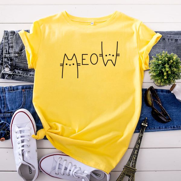 

creative casual cat letter cotton short sleeve t-shirt for women, White