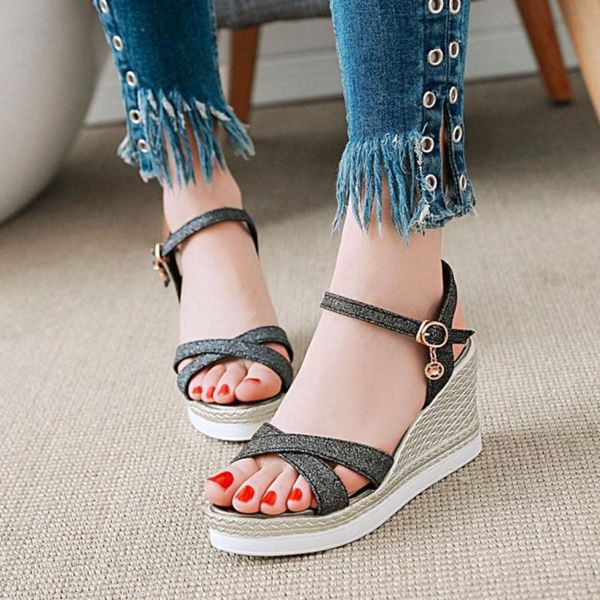 

dress shoes sandals fashion lady shoe sequins casual wedges platform high heel zapatos de mujer 2021, Black