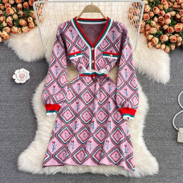 

casual dresses autumn winter vintage mini party dress women v neck long sleeve geometric pattern knit sweater robe femme vestidos, Black;gray
