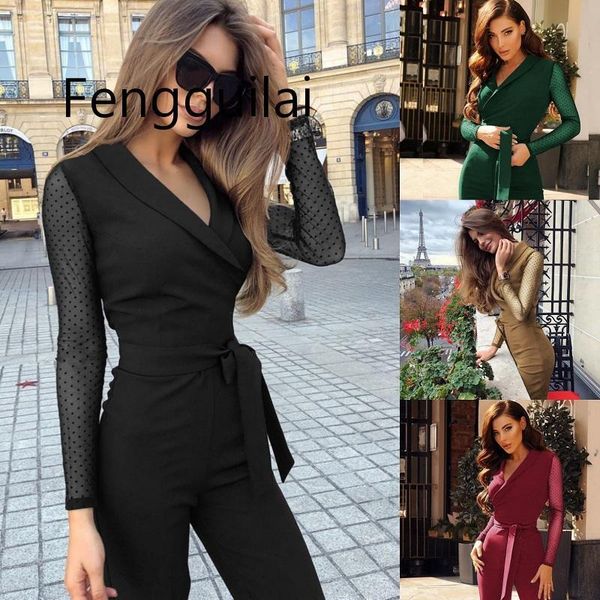 

women's jumpsuits & rompers autumn spring fashion long sleeve polka dots patchwork elegant jumpsuit women body femme bodycon one piece, Black;white