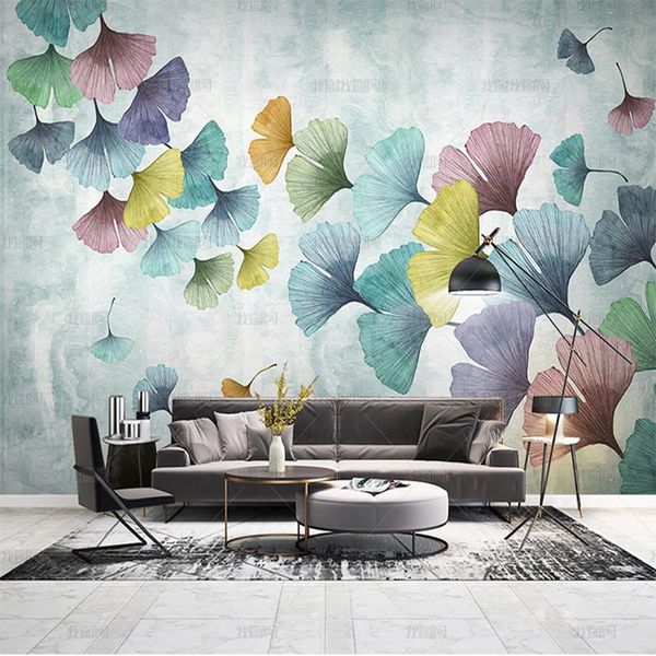 

wallpapers 3d small fresh nordic modern simple gingko leaf watercolor hand painted wallpaper tv sofa background wall painting living room