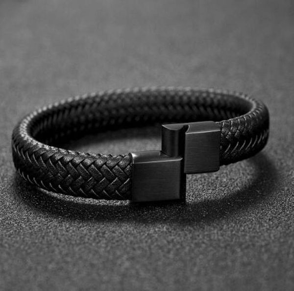 

tennis classic simple casual black leather metal magnetic clasp bracelet men's daily work fashion jewelry, Golden;silver