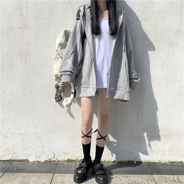 

2021 new loose college style zipper casual all-match pocket hooded jacket drop shoulder sleeves rdok, Black