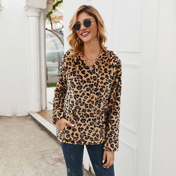 

2021 autumn winter loose fleece leopard women new v neck full sleeve casual pullover hoodies female office lady dz46, Black