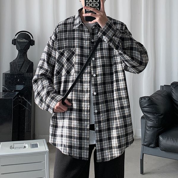 

2021 new spring cotton plaid men's fashion retro casual men streetwear long sleeve shirts mens shirt m-2xl jhpu, White;black