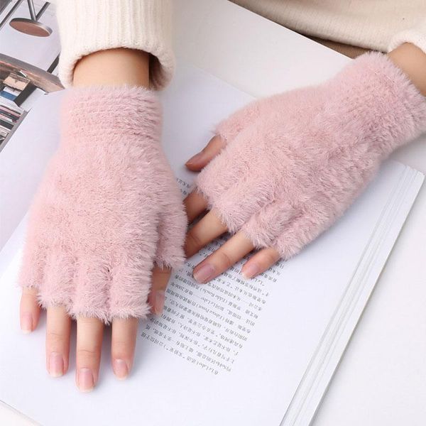 

five fingers gloves 1 pair women' winter warm touch screen half finger imitation mink velvet plush glove women girls, Blue;gray
