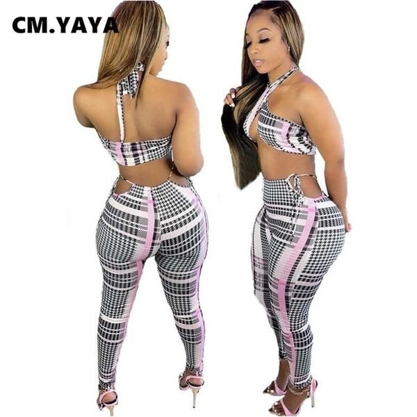 

cm.yaya women set tie dye print sleeveless halter drawstring wasit hollow out sheath elastic long pants 2 piece sets outfit 211105, White