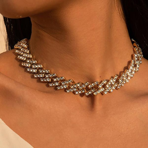 

vintage crystal miami cuban chunky necklace women's hip hop golden shiny rhinestone necklaces fashion glamour jewelry lover gift, Golden;silver