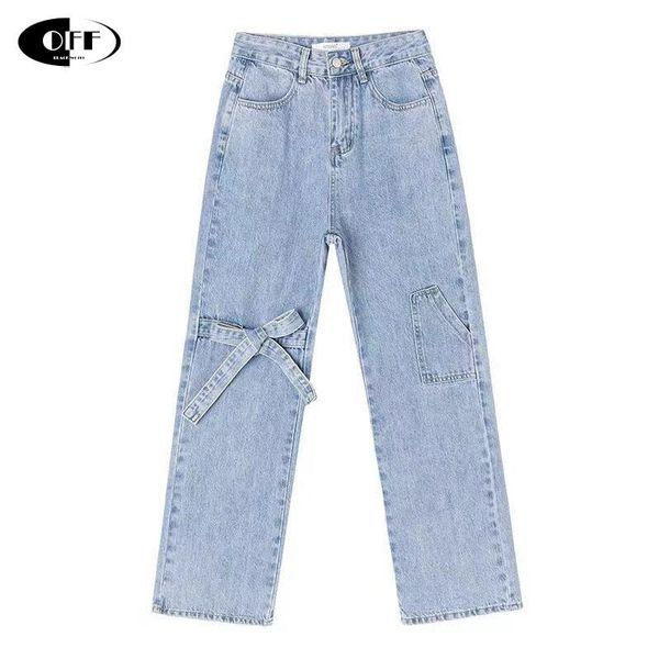 

women's jeans bow pockets straight baggy denim women high waist pant casual loose cargo blue long trouser femme streetwear