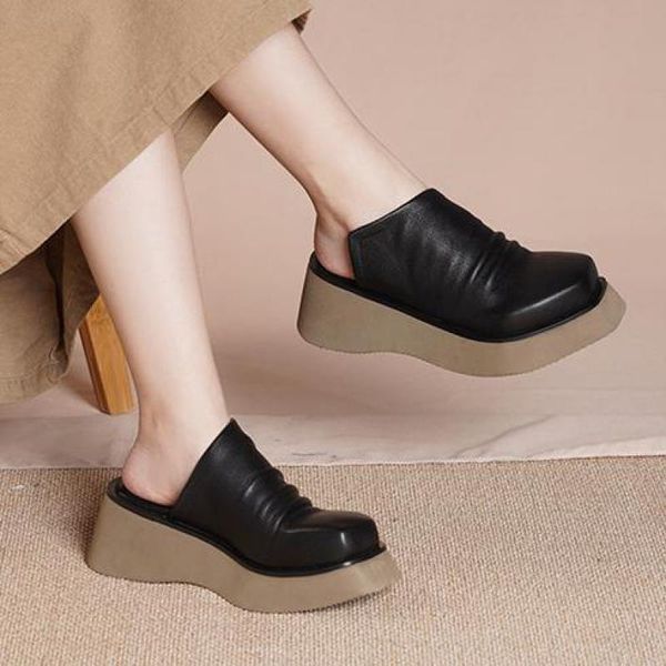 

yourseason genuine leather summer slippers ladies outside slides 2021 handmade concise sewing wedges casual shoes female, Black