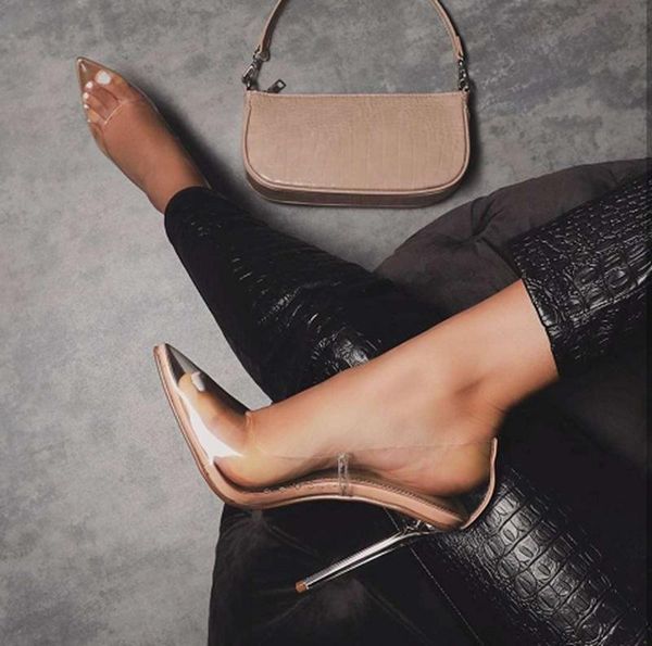 

sandals 2021 autumn wind tip shallow mouth transparent film thin super high heels large size, Black