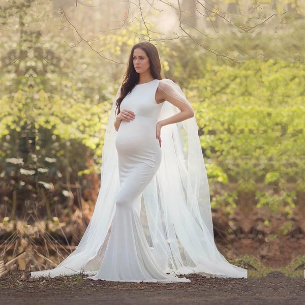 White Cape Maternity Photogrpahy Abito lungo Baby Shower Abito lungo con mantella Abiti estivi da donna incinta senza maniche