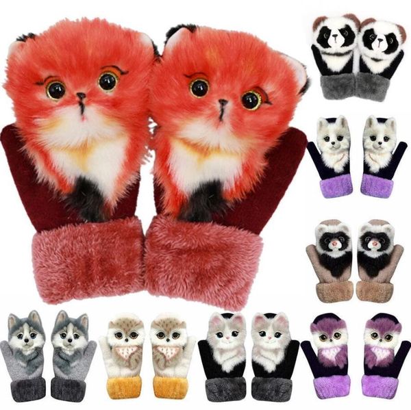 Guanti invernali in maglia Simpatico cartone animato soffice 3D Decorazione animale Fodera in peluche ispessita Guanti caldi termici antivento Guanti da ragazza