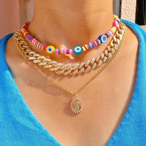 

chains 2022 turkish evil eye clay beads choker necklace for women punk shiny portrait metal cuban link chain necklaces set jewelry, Silver